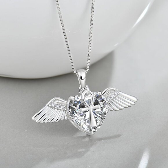 Angel Wings Necklace Sterling Silver Love Heart Birthstone for Women - Picture 2 of 6